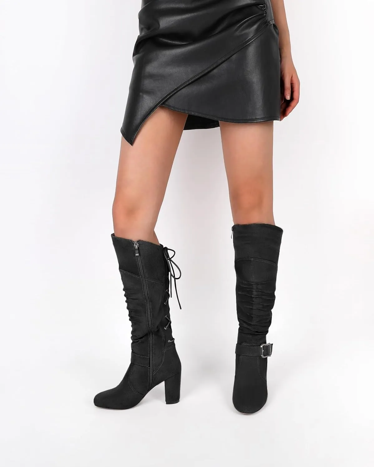 Zamikoo Womens Slouchy Knee High Boots Round Toe Chunky Block Heel Knee Booties Side Zipper Metal Buckle Slouch Dress Boots 3.5 Inch