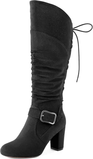 Zamikoo Womens Slouchy Knee High Boots Round Toe Chunky Block Heel Knee Booties Side Zipper Metal Buckle Slouch Dress Boots 3.5 Inch
