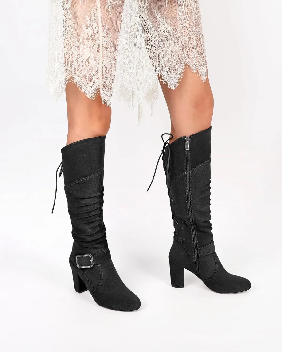 Zamikoo Womens Slouchy Knee High Boots Round Toe Chunky Block Heel Knee Booties Side Zipper Metal Buckle Slouch Dress Boots 3.5 Inch