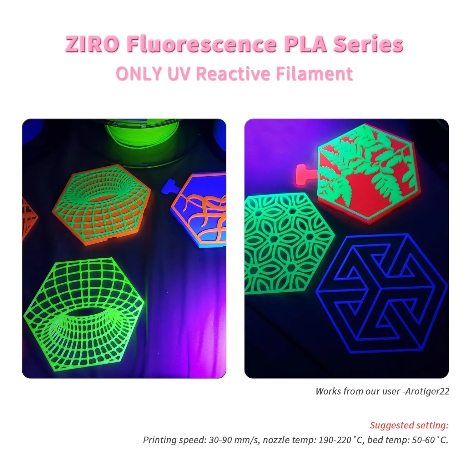 ZIRO Fluorescence 1.75mm PLA Filament, Luminous ONLY by UV Light, Glow Effect Bright Color PLA, Dimensional Accuracy  /- 0.03mm, Fit for Most FDM 3D Printers and Pen, 1KG Spool, Fluo Pink