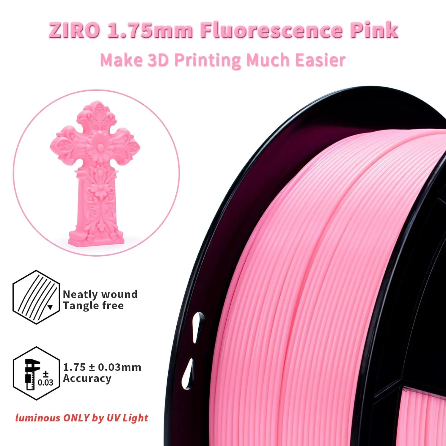 ZIRO Fluorescence 1.75mm PLA Filament, Luminous ONLY by UV Light, Glow Effect Bright Color PLA, Dimensional Accuracy  /- 0.03mm, Fit for Most FDM 3D Printers and Pen, 1KG Spool, Fluo Pink