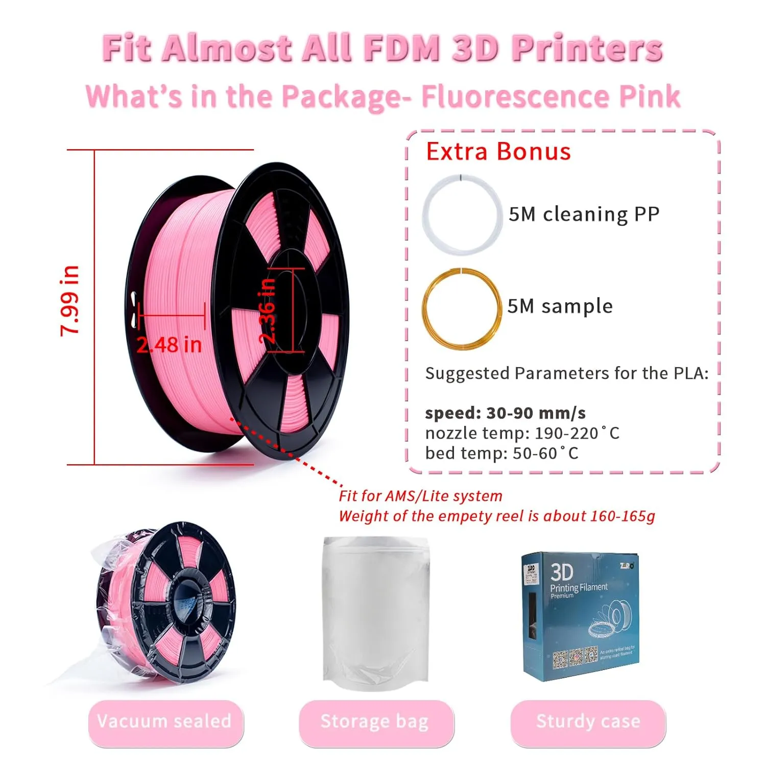 ZIRO Fluorescence 1.75mm PLA Filament, Luminous ONLY by UV Light, Glow Effect Bright Color PLA, Dimensional Accuracy  /- 0.03mm, Fit for Most FDM 3D Printers and Pen, 1KG Spool, Fluo Pink