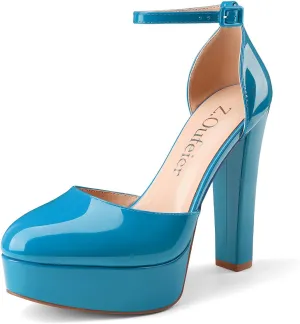 Z.Oufeier Womens Platform Chunky High Heels Patent Leather Buckle Closed Round Toe Ankle Strap Party Sexy Wedding Block High Heel Pumps Dress Shoes 5 Inch