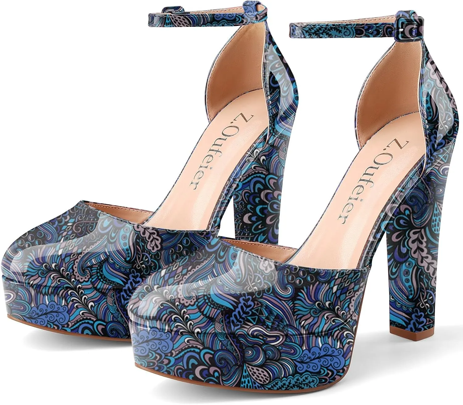 Z.Oufeier Womens Platform Chunky High Heels Patent Leather Buckle Closed Round Toe Ankle Strap Party Sexy Wedding Block High Heel Pumps Dress Shoes 5 Inch