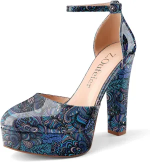 Z.Oufeier Womens Platform Chunky High Heels Patent Leather Buckle Closed Round Toe Ankle Strap Party Sexy Wedding Block High Heel Pumps Dress Shoes 5 Inch