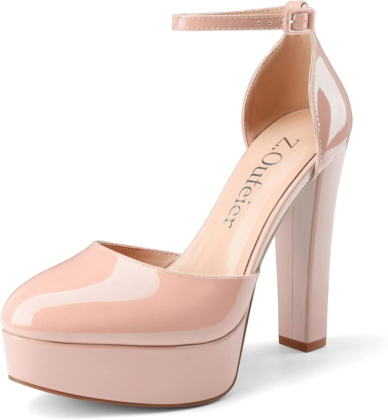Z.Oufeier Womens Platform Chunky High Heels Patent Leather Buckle Closed Round Toe Ankle Strap Party Sexy Wedding Block High Heel Pumps Dress Shoes 5 Inch