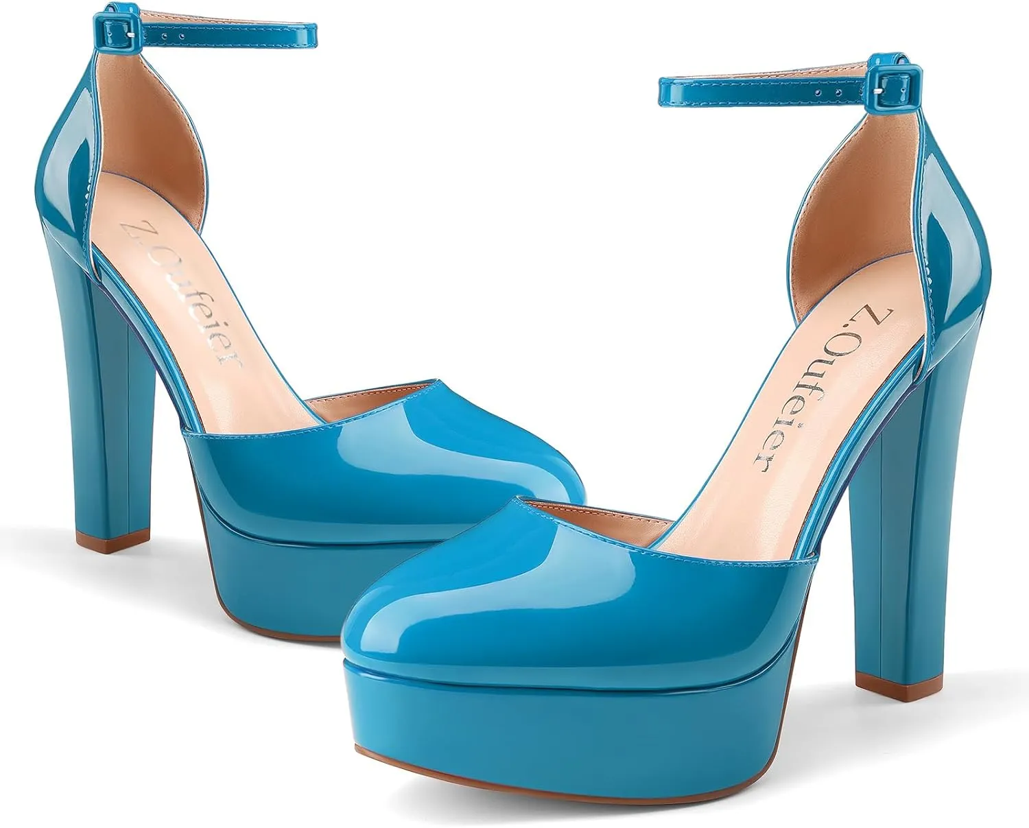 Z.Oufeier Womens Platform Chunky High Heels Patent Leather Buckle Closed Round Toe Ankle Strap Party Sexy Wedding Block High Heel Pumps Dress Shoes 5 Inch