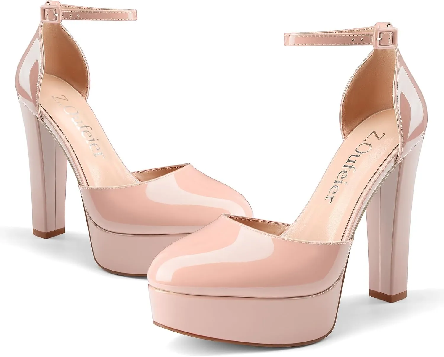 Z.Oufeier Womens Platform Chunky High Heels Patent Leather Buckle Closed Round Toe Ankle Strap Party Sexy Wedding Block High Heel Pumps Dress Shoes 5 Inch