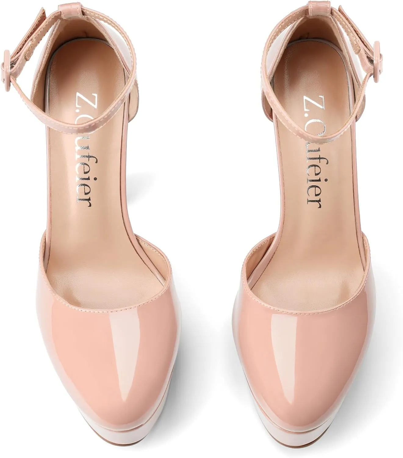 Z.Oufeier Womens Platform Chunky High Heels Patent Leather Buckle Closed Round Toe Ankle Strap Party Sexy Wedding Block High Heel Pumps Dress Shoes 5 Inch