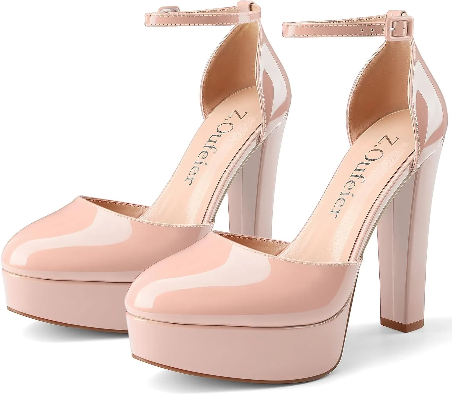 Z.Oufeier Womens Platform Chunky High Heels Patent Leather Buckle Closed Round Toe Ankle Strap Party Sexy Wedding Block High Heel Pumps Dress Shoes 5 Inch