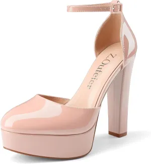Z.Oufeier Womens Platform Chunky High Heels Patent Leather Buckle Closed Round Toe Ankle Strap Party Sexy Wedding Block High Heel Pumps Dress Shoes 5 Inch