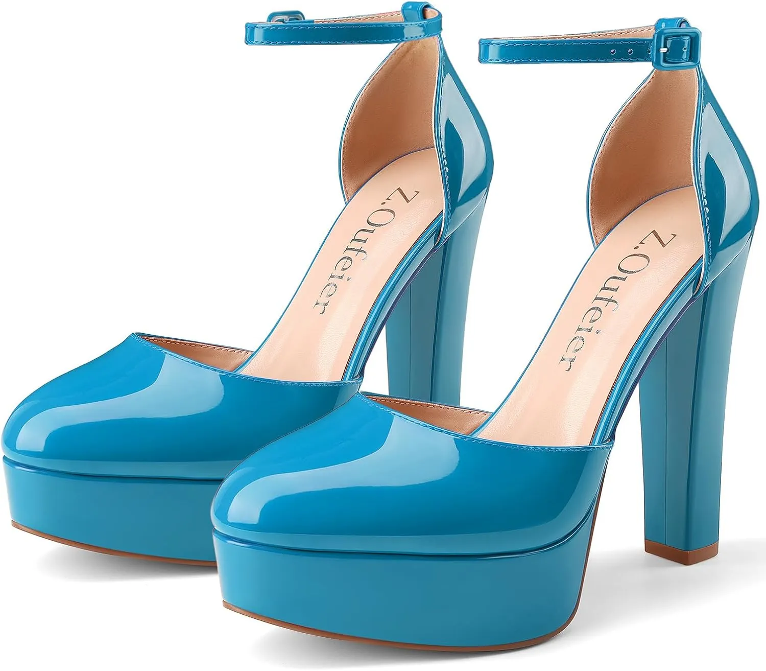 Z.Oufeier Womens Platform Chunky High Heels Patent Leather Buckle Closed Round Toe Ankle Strap Party Sexy Wedding Block High Heel Pumps Dress Shoes 5 Inch