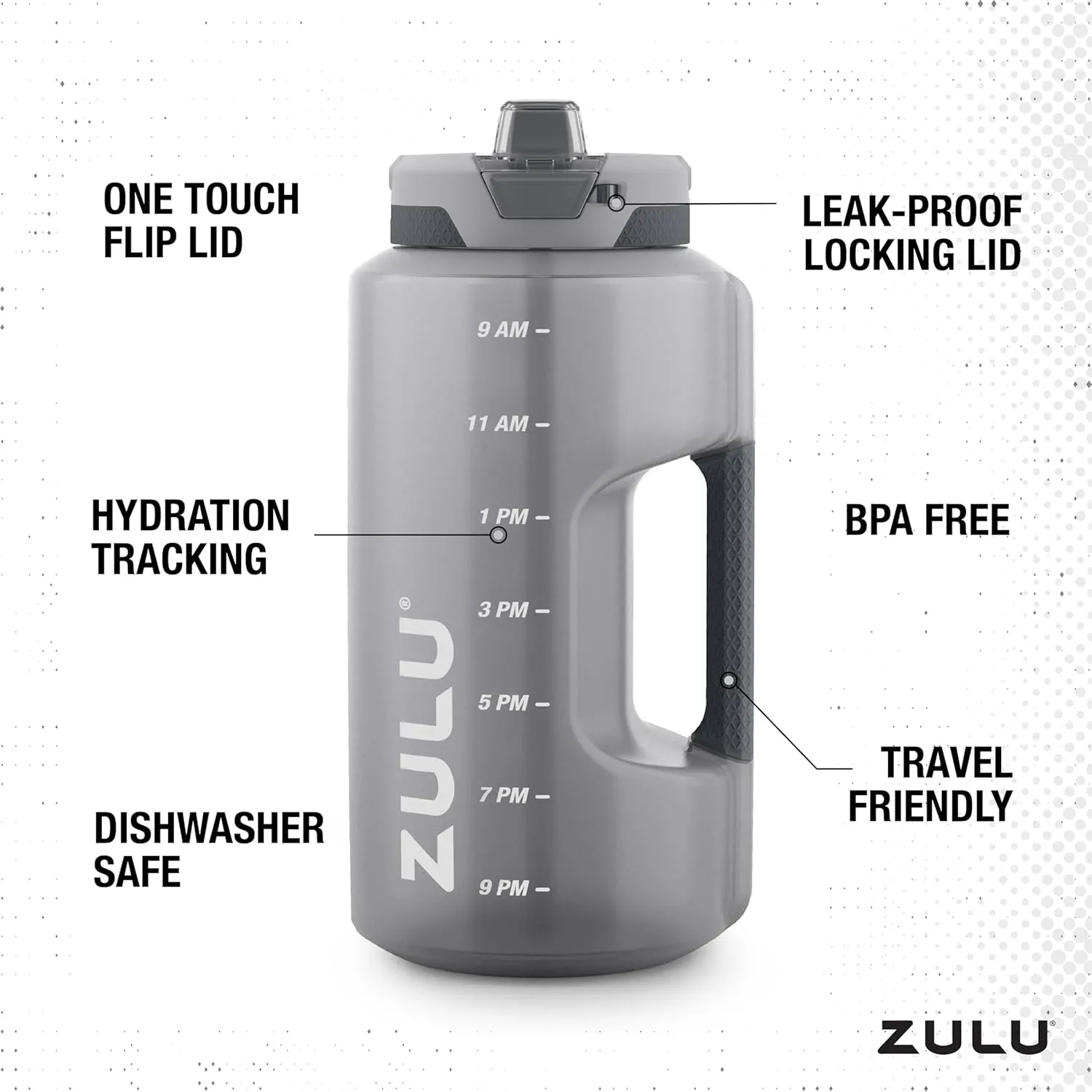 Zulu Goals Gallon 128oz Large Water Bottle Jug with Time Marker & Handle for All Day Hydration | Silicone Soft Straw with Locking Leak-Proof Lid | For Gym, Camping, Workout, and Outdoors | Grey