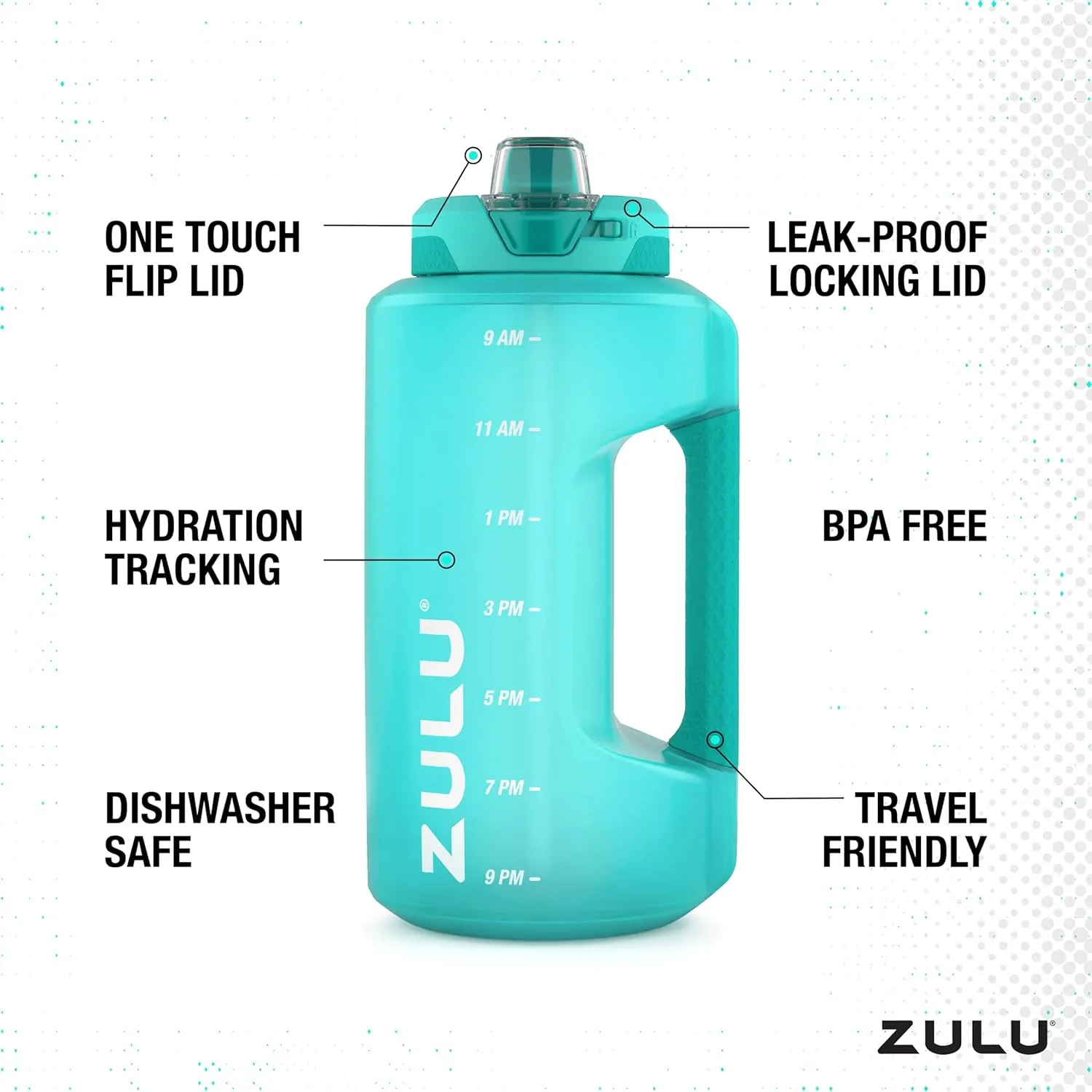 ZULU Goals Large Water Bottle Jug with Time Marker & Handle for All Day Hydration | Silicone Soft Straw with Locking Leak-Proof Lid | For Gym, Camping, Workout, and Outdoors | BPA-Free | 64oz, 128oz