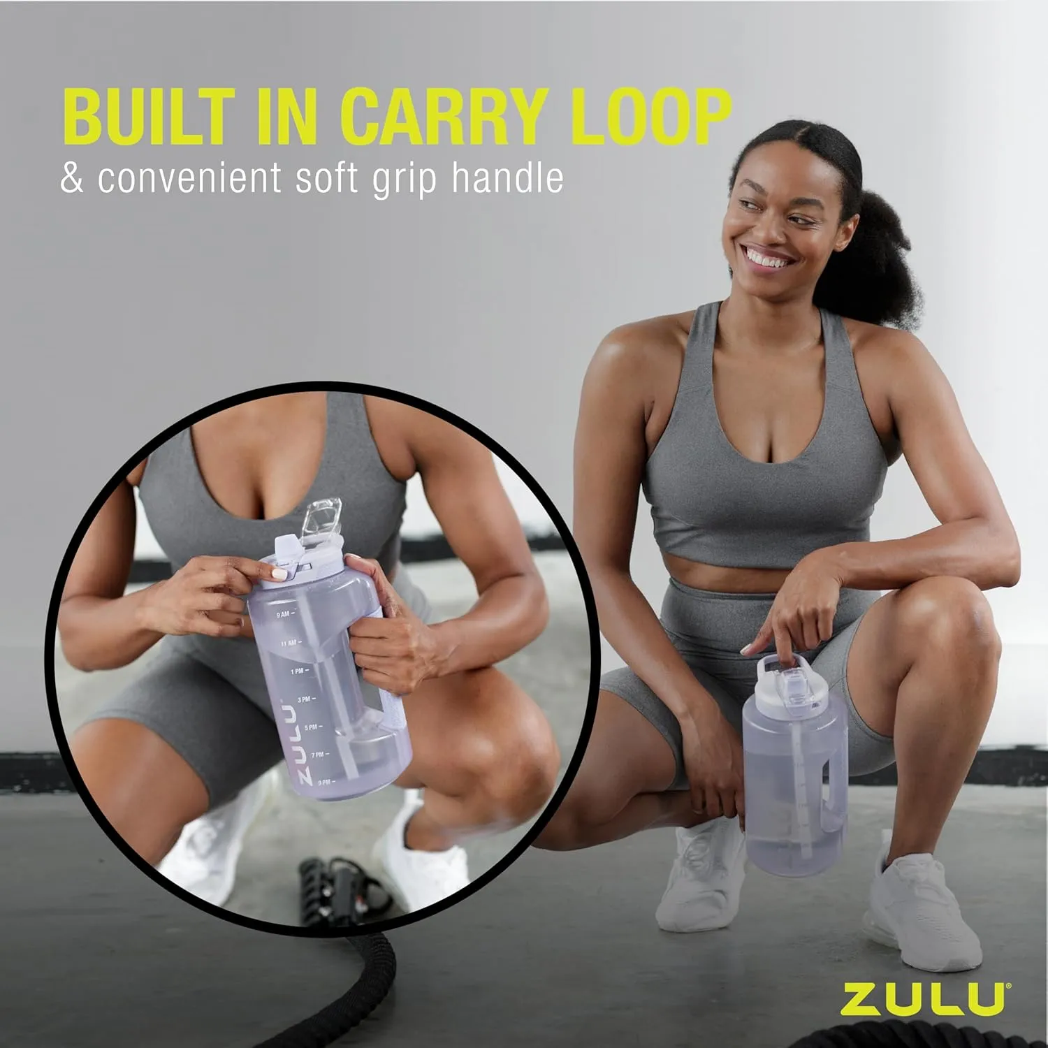 ZULU Goals Large Water Bottle Jug with Time Marker & Handle for All Day Hydration | Silicone Soft Straw with Locking Leak-Proof Lid | For Gym, Camping, Workout, and Outdoors | BPA-Free | 64oz, 128oz